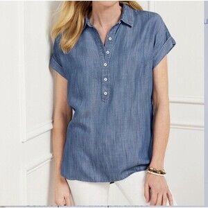 Talbots Light Blue Denim Button-Up Collared Short Sleeve Blouse M PTP: 22"